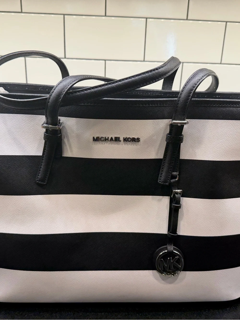 Michael Kors Black and White Horizontal Stripe Tote - Picture 4 of 8